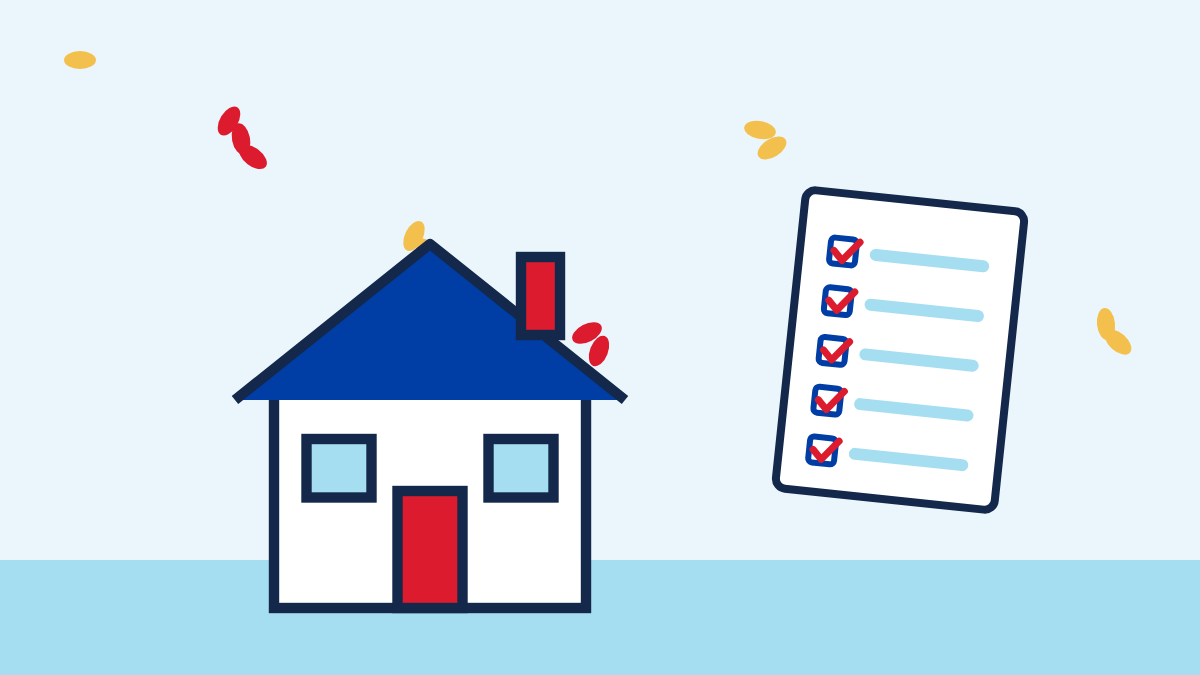 Illustration of a house with falling leaves next to a checklist with every box checked