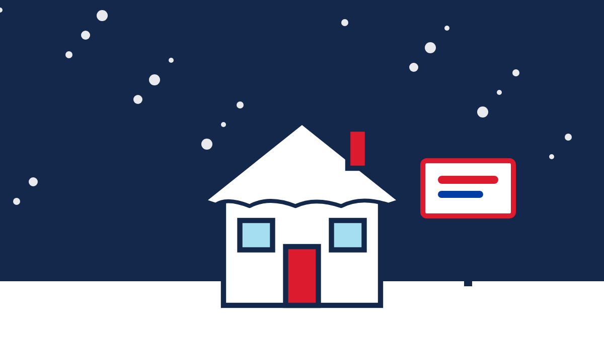 Illustration of a snow-covered house at night with a for-sale sign in the yard