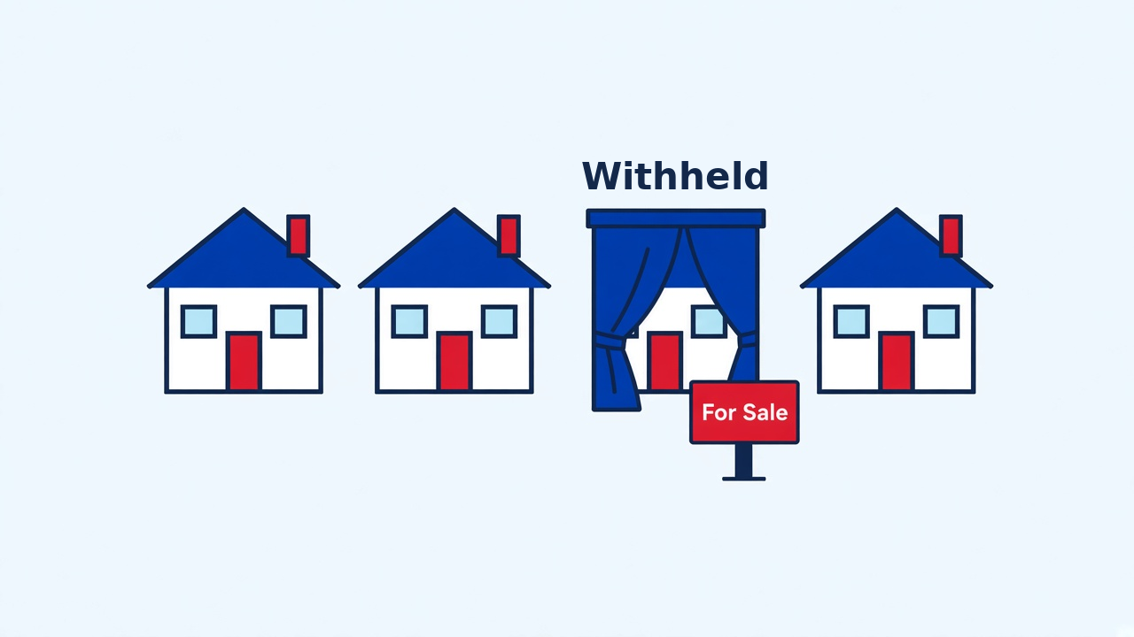 Illustration of a row of houses, one hidden behind a curtain being pulled open, with a For Sale sign