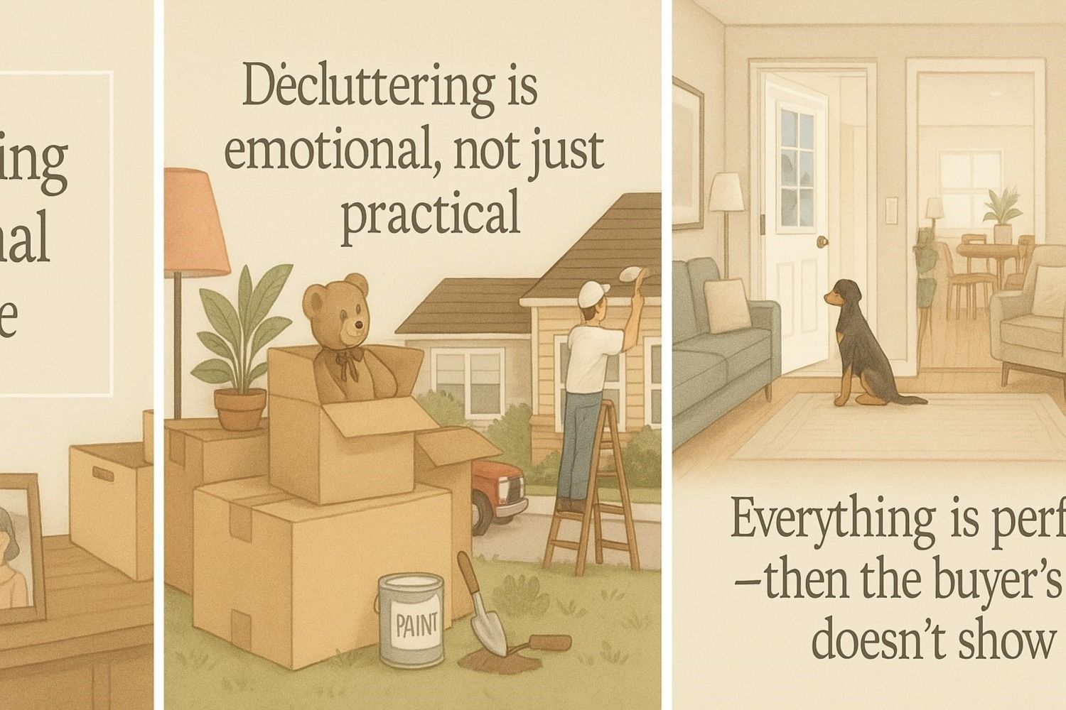 Illustrated panels: moving boxes with a teddy bear while a man paints a house, captioned Decluttering is emotional, not just practical; and a tidy living room with a dog by the door, captioned Everything is perfect, then the buyer doesn’t show