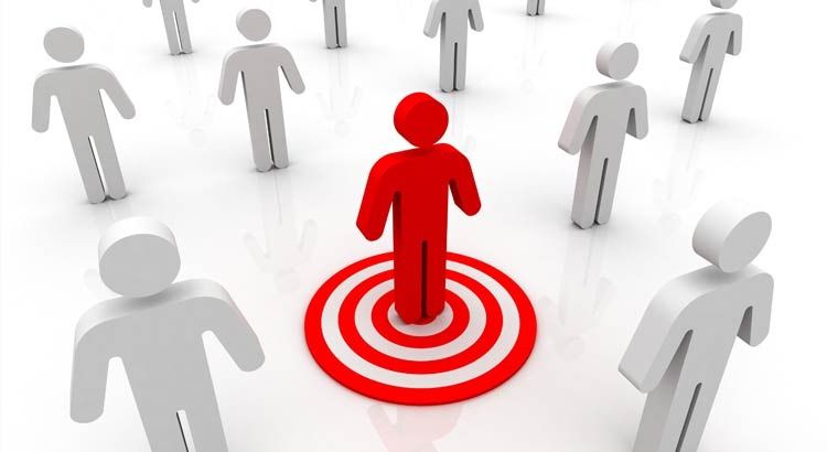 A red figure standing on a red and white target, surrounded by white figures