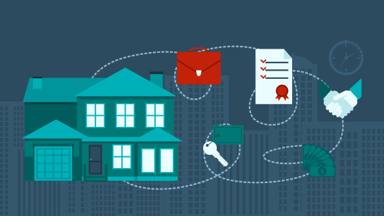 Illustration of a house linked by a dotted line to a briefcase, a signed contract, a handshake, a stack of cash and a set of keys